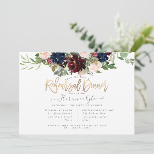 Blush Burgundy Navy Rehearsal Dinner Invitation Kaart (Staand voorkant)