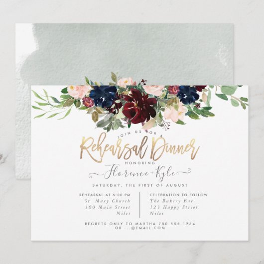 Blush Burgundy Navy Rehearsal Dinner Invitation Kaart (Voorkant / Achterkant)
