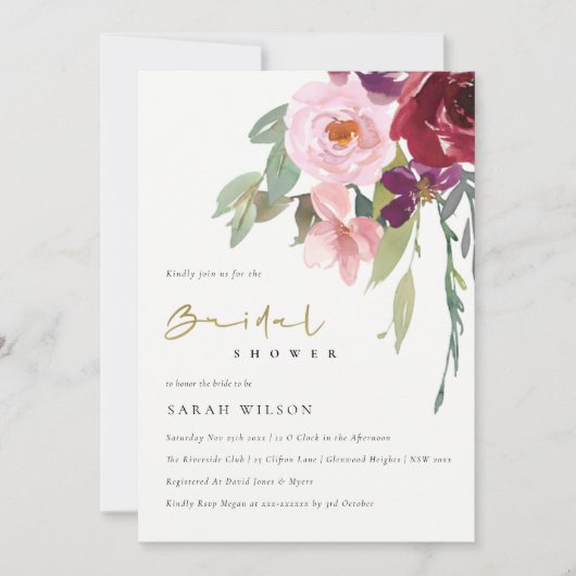 BLUSH BURGUNDY PEACH FLORAL VRIJGEZELLENFEEST INVI BEDANKKAART (Voorkant)