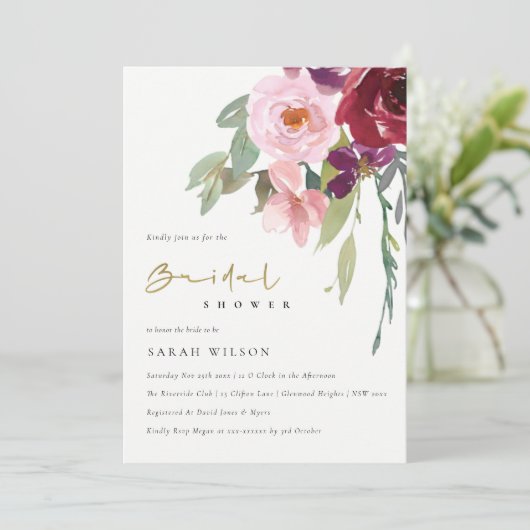 BLUSH BURGUNDY PEACH FLORAL VRIJGEZELLENFEEST INVI BEDANKKAART (Staand voorkant)