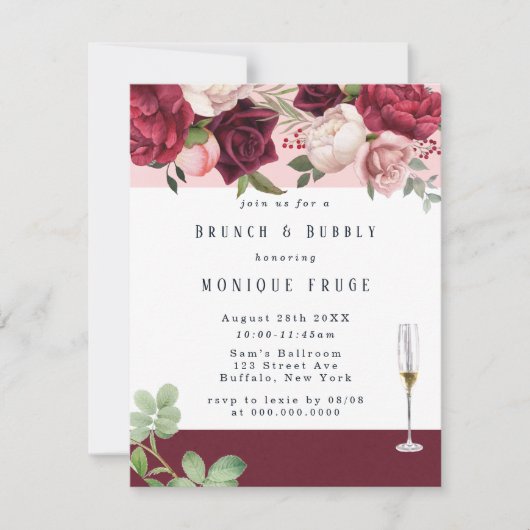 Blush Burgundy Peony Chic Brunch & Bubble Invites Kaart (Voorkant)