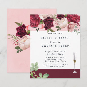 Blush Burgundy Peony Chic Brunch & Bubble Invites Kaart