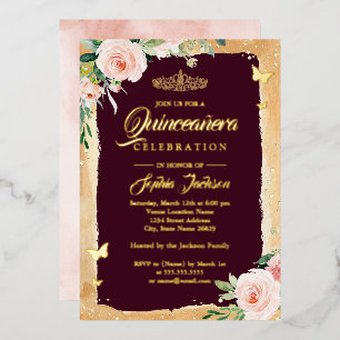 Blush Burgundy Quinceanera Bloemenkroon Sparkle Ti Folie Uitnodiging