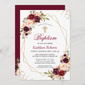 Blush Burgundy Red Floral Baptism Christening Kaart (Voorkant / Achterkant)