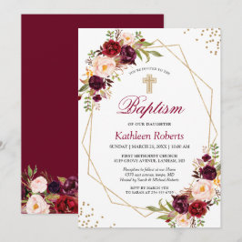 Blush Burgundy Red Floral Baptism Christening Kaart