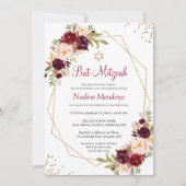 Blush Burgundy Red Floral Geometric Bat Mitzvah Kaart (Voorkant)