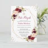 Blush Burgundy Red Floral Geometric Bat Mitzvah Kaart (Staand voorkant)