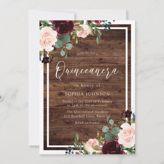 Blush Burgundy Red Floral Rustic Wood Quinceanera Kaart (Voorkant)