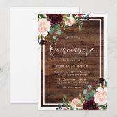 Blush Burgundy Red Floral Rustic Wood Quinceanera Kaart (Voorkant / Achterkant)