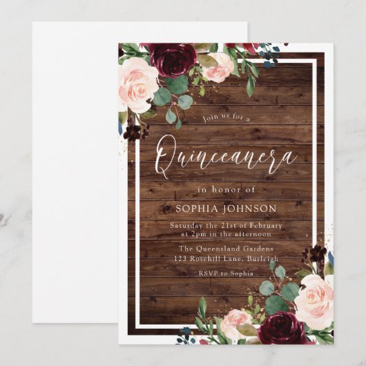 Blush Burgundy Red Floral Rustic Wood Quinceanera Kaart (Voorkant / Achterkant)