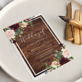 Blush & Burgundy Red Flowers Rustic Wood Weddensch Kaart