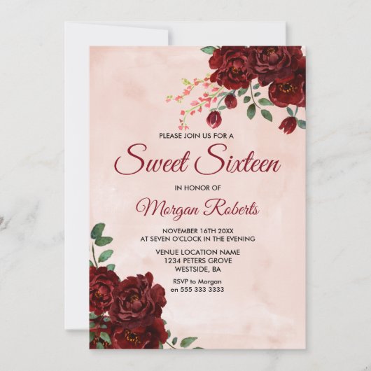 Blush Burgundy Red Rose Floral Sweet 16 Invite Kaart (Voorkant)