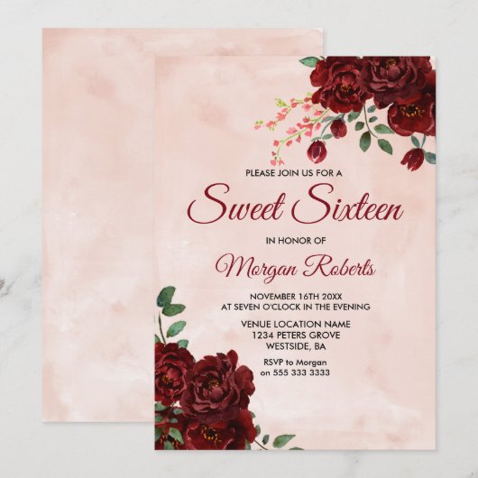Blush Burgundy Red Rose Floral Sweet 16 Invite Kaart (Voorkant / Achterkant)