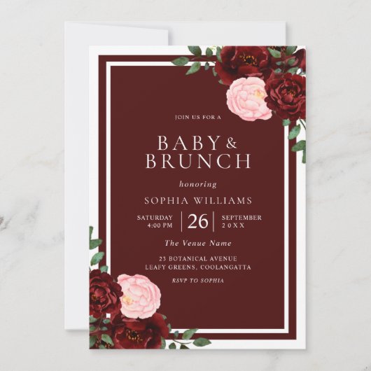 Blush & Burgundy Red Roses Baby shower Brunch Kaart (Voorkant)