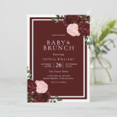 Blush & Burgundy Red Roses Baby shower Brunch Kaart (Staand voorkant)