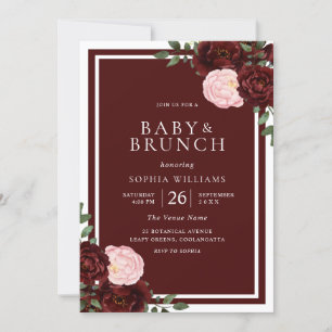 Blush & Burgundy Red Roses Baby shower Brunch Kaart