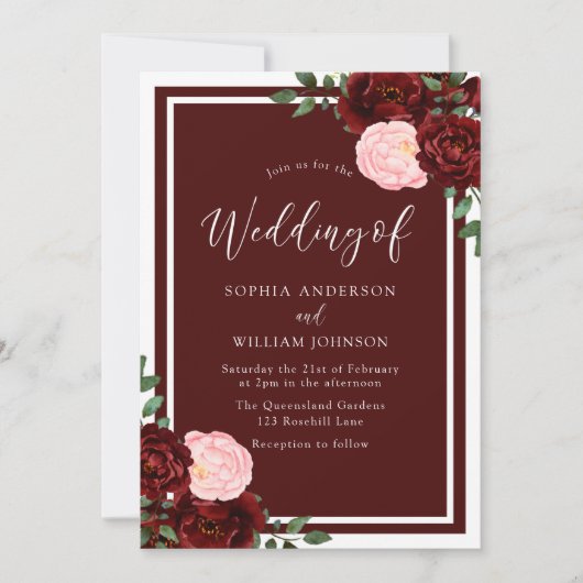 Blush & Burgundy Red Roses Elegant Wedding Kaart (Voorkant)