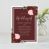 Blush & Burgundy Red Roses Elegant Wedding Kaart (Staand voorkant)