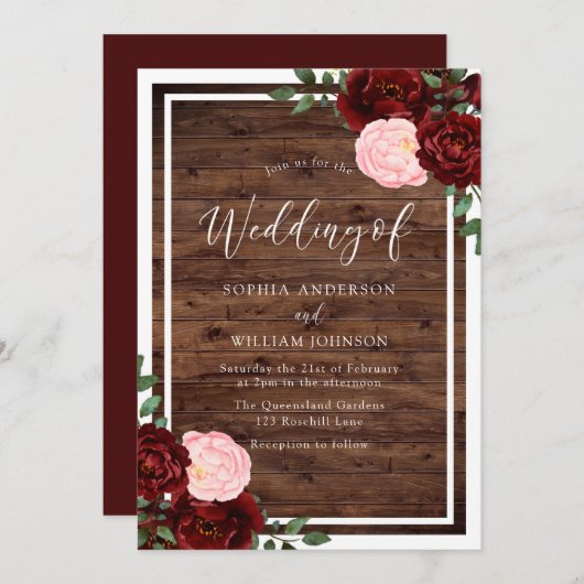 Blush & Burgundy Red Roses Rustic Wood Weddenschap Kaart (Voorkant / Achterkant)