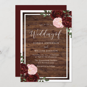 Blush & Burgundy Red Roses Rustic Wood Weddenschap Kaart