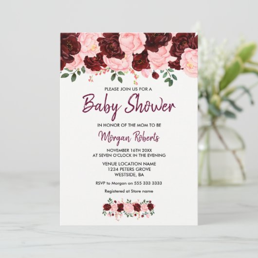 Blush Burgundy Roos Baby shower Script Invite Kaart (Staand voorkant)