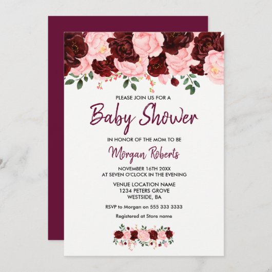 Blush Burgundy Roos Baby shower Script Invite Kaart (Voorkant / Achterkant)