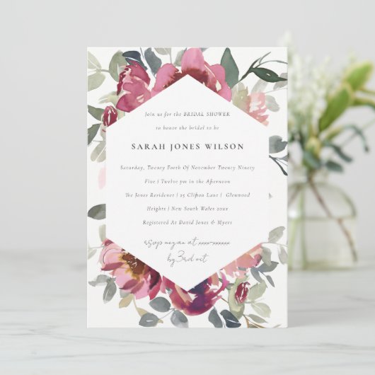 BLUSH BURGUNDY ROOS FLORAL VRIJGEZELLENFEEST INVIT BEDANKKAART (Staand voorkant)