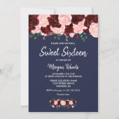 Blush Burgundy Roos Navy Blue Sweet 16 Invite Kaart (Voorkant)