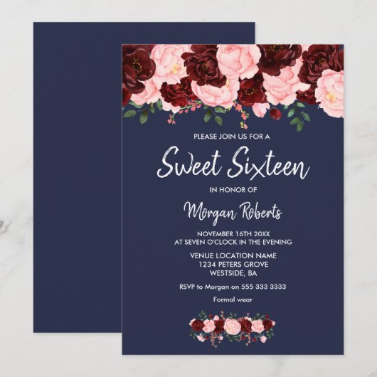 Blush Burgundy Roos Navy Blue Sweet 16 Invite Kaart (Voorkant / Achterkant)