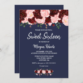 Blush Burgundy Roos Navy Blue Sweet 16 Invite Kaart