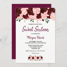 Blush Burgundy Roos Sweet 16 Script Invite Kaart