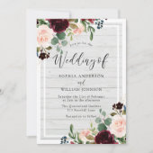Blush & Burgundy Rustic White Wood Floral Weddensc Kaart (Voorkant)
