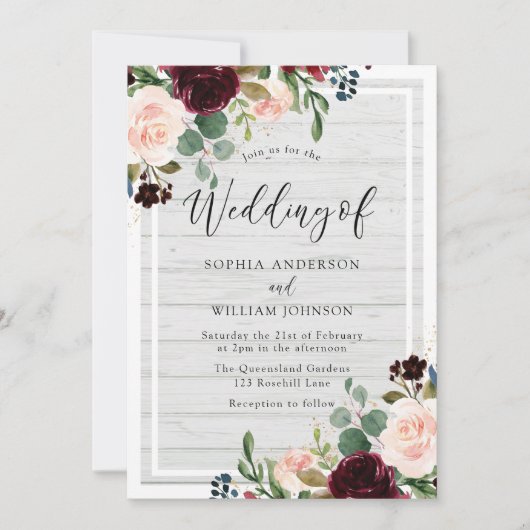 Blush & Burgundy Rustic White Wood Floral Weddensc Kaart (Voorkant)
