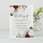 Blush & Burgundy Rustic White Wood Floral Weddensc Kaart (Staand voorkant)