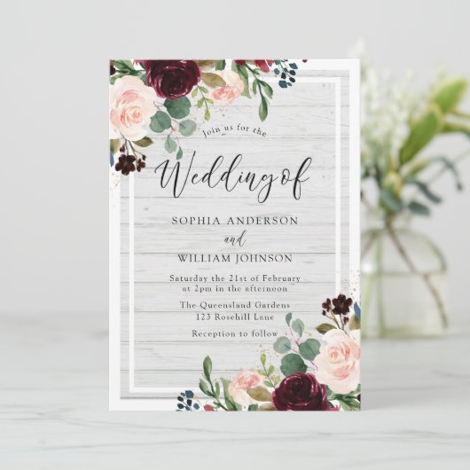 Blush & Burgundy Rustic White Wood Floral Weddensc Kaart (Staand voorkant)