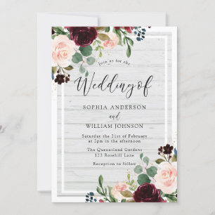 Blush & Burgundy Rustic White Wood Floral Weddensc Kaart