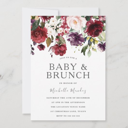 Blush Burgundy Waterverf Baby shower & Brunch Kaart (Voorkant)