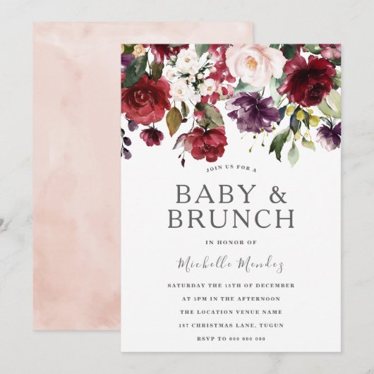Blush Burgundy Waterverf Baby shower & Brunch Kaart (Voorkant / Achterkant)