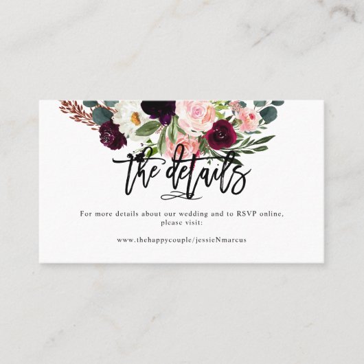 Blush+Burgundy Waterverf Flowers Weddenschap Detai Visitekaartje (Voorkant)
