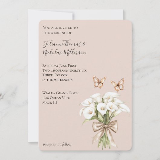 Blush Calla Lily Bloemenvlinders Boog Huwelijk Kaart (Voorkant)