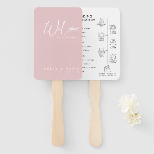 Blush Calligrafie Pictogrammen Weddenprogramma Handwaaier (Voorkant en achterkant)