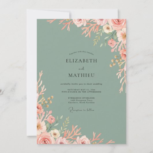 Blush Celadon Bloem Bruiloft Kaart (Voorkant)