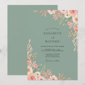 Blush Celadon Bloem Bruiloft Kaart (Voorkant / Achterkant)