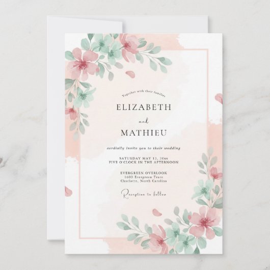 Blush Celadon Pioen Huwelijk Kaart (Voorkant)