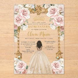  Blush Champagne Bloemen Jurk Quinceanera Acryl Uitnodigingen