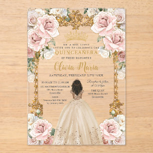  Blush Champagne Bloemen Jurk Quinceanera Acryl Uitnodigingen