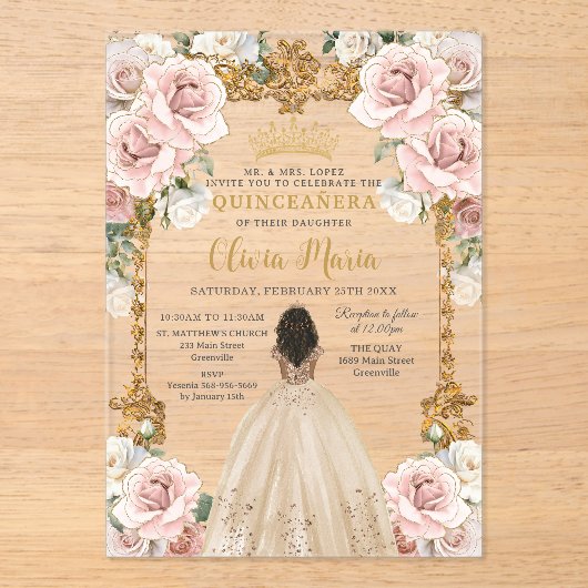  Blush Champagne Bloemen Jurk Quinceanera Acryl Uitnodigingen (Voorkant)