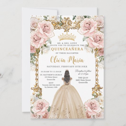  Blush Champagne Bloemen Jurk Quinceanera Kaart (Voorkant)