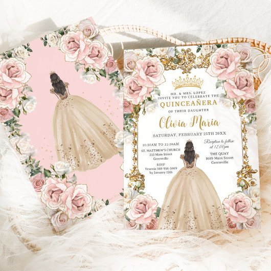  Blush Champagne Bloemen Jurk Quinceanera Kaart