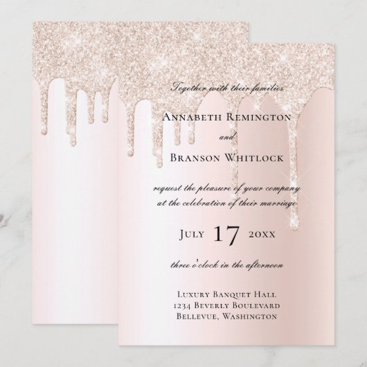 Blush Champagne Glitter Druppels Elegante bruiloft Kaart (Voorkant / Achterkant)